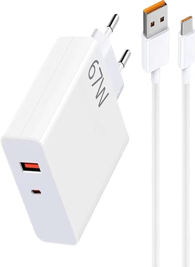 67W Fast Charger double Ports PD &USB with USB C Cable for Redmi Note 13 12 11 Pro Turbo Charger for Xiaomi 13T Pro/13/12T Pro/12X/11T Pro/11/Redmi Note 11s/Note 10 Pro/POCO X6/M6/X5/X3/Pad (white)